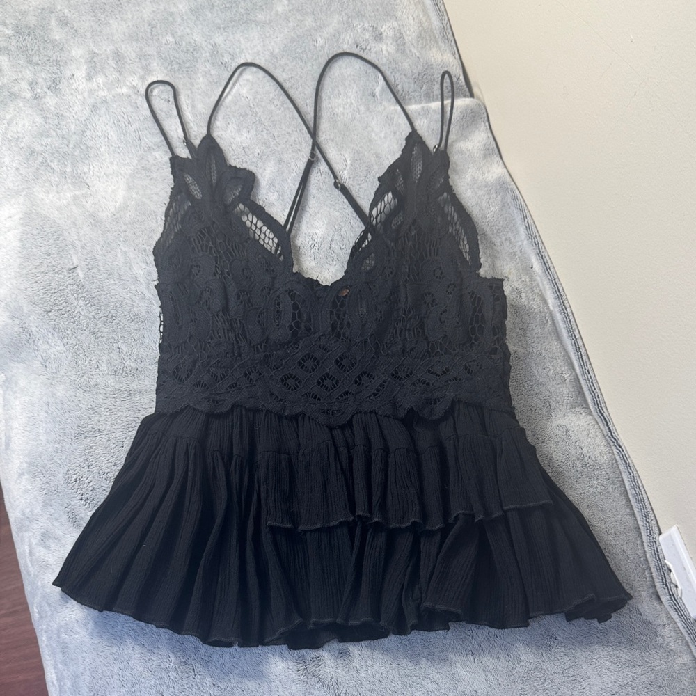 Free People Intimately Adella Black Lace Cami Boho Tank Top - Size S